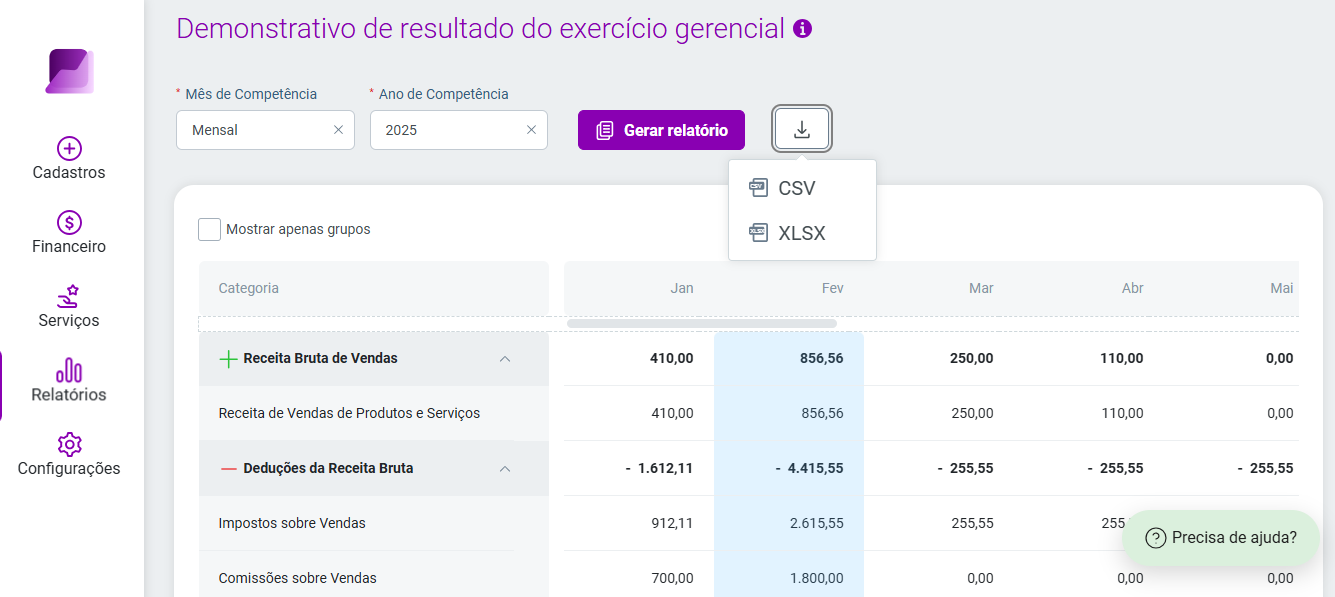 Tela de relatórios do sistema Gestão do Escritório. Possui menu alinhado à esquerda, sendo Relatórios o quarto item.