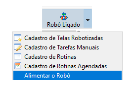 Botão Robô exibindo a opção Alimentar o robô no sistema Folha.