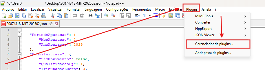 Tela inicial do Notepad++, apresenta menu superior alinhado à esquerda, sendo Plugins o décimo primeiro item.