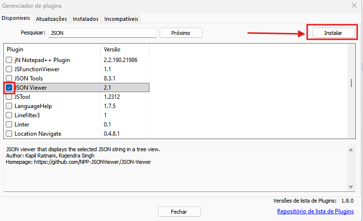 Gerenciador de plugins com uma lista de plugins disponíveis para seleção. No canto superior direito, exibe o botão Instalar.