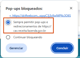 Push para permissão de pop-ups bloqueados.