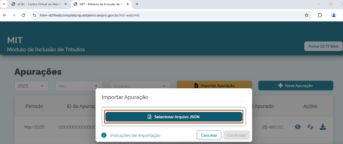 Tela de apuração do MIT exibindo o push de seleção do arquivo (.json) para importação.