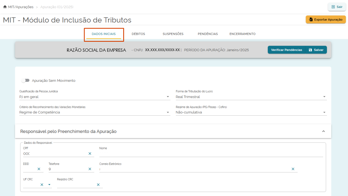 Aba Dados iniciais dentro do Módulo de inclusão de tributos (MIT).
