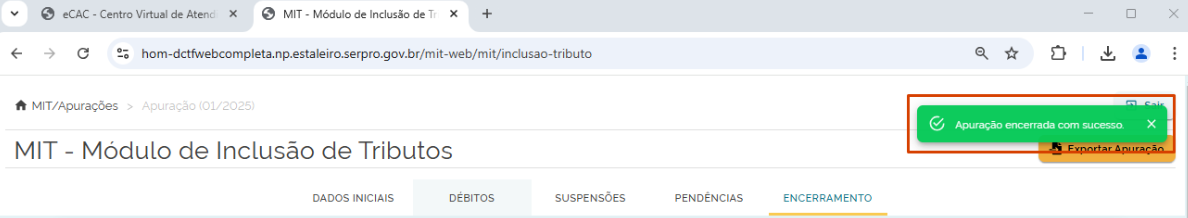 Mensagem de Apuração encerrada com sucesso.