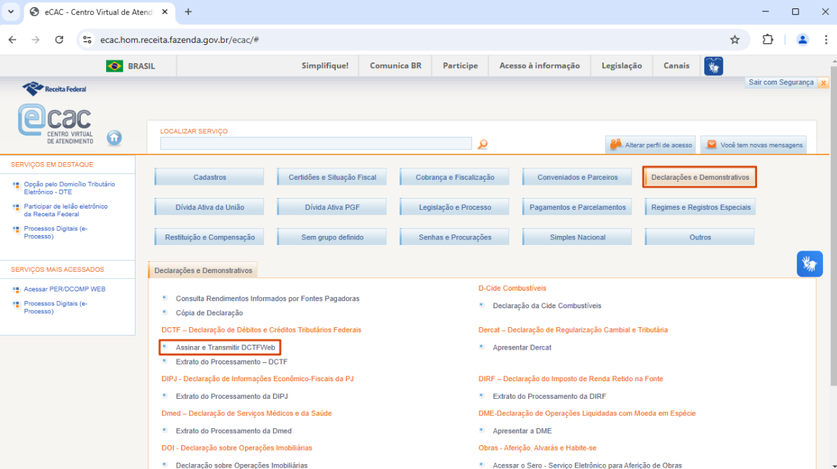 Tela do portal eCAC indicando o botão Declarações e demonstrativos.