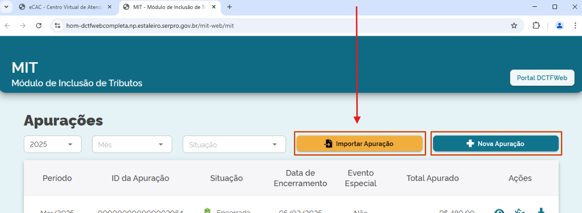 Tela do MIT indicando o botão Importar apuração.