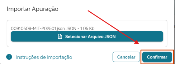 Push de seleção do arquivo (.json) com o botão Confirmar habilitado.