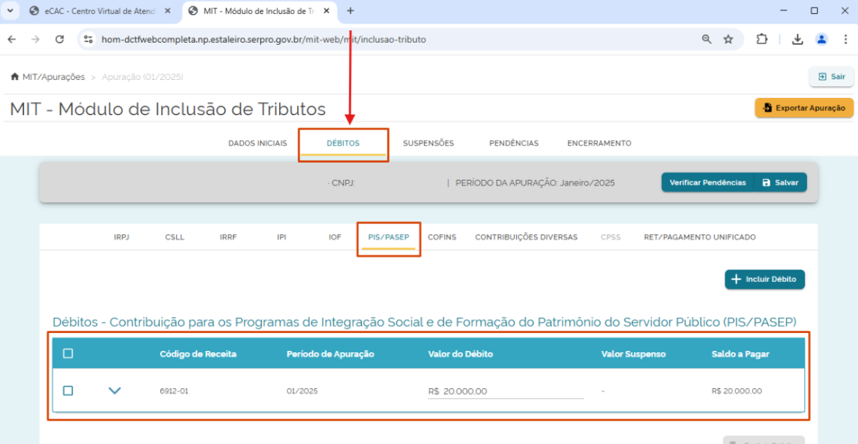 Aba Débitos dentro do Módulo de inclusão de tributos (MIT).