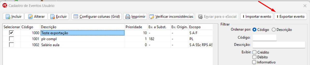 Tela de cadastro de eventos do usuário, possui o botão Incluir no canto superior esquerdo e um filtro na lateral direita.