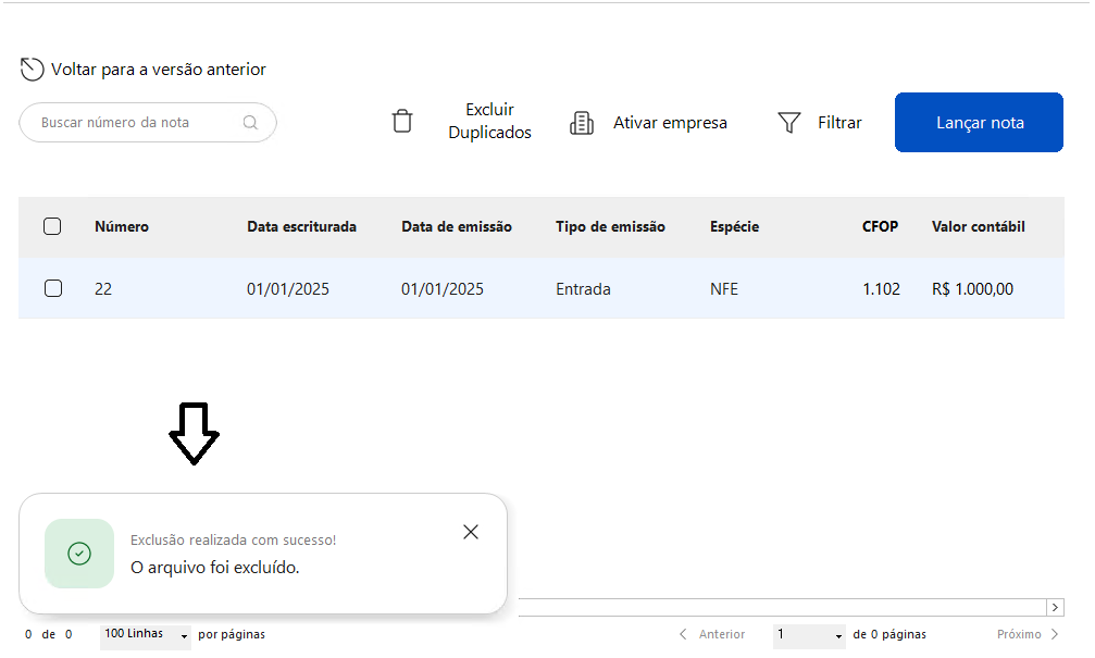 Mensagem de retorno da exclusão que foi realizada com sucesso.