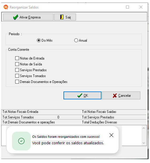 Mensagem de retorno da reorganização de saldos que foi conferido com sucesso.