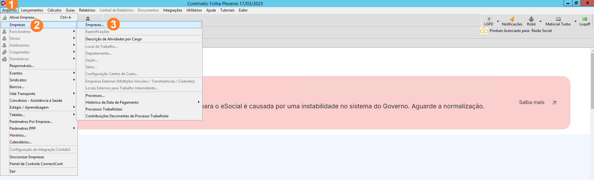 Tela inicial do sistema Folha, possui menu superior alinhado à esquerda sendo Arquivos o primeiro item.