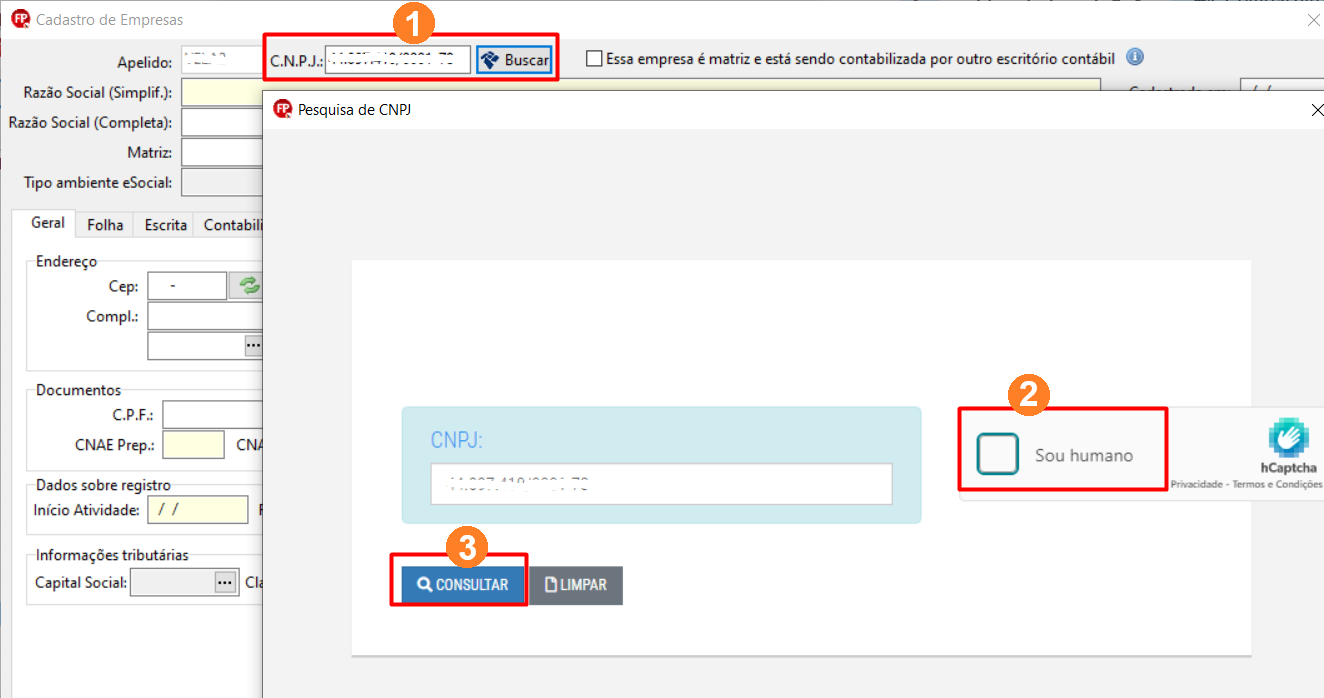 Tela de cadastro de empresas exibindo o push de pesquisa de CNPJ.