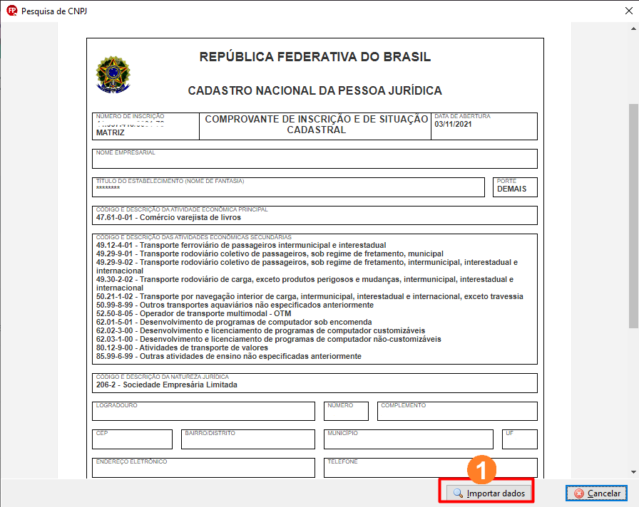 Cartão CNPJ exibindo os dados da empresa. Ao final possui os botões Importar dados e Cancelar.