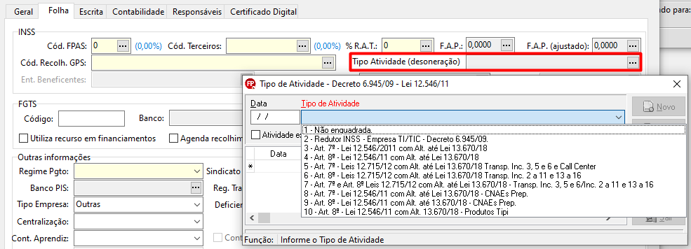 Aba Folha da tela de cadastro de empresas no sistema Folha. Possui campos para preenchimento dos dados de INSS, FGTS, informações de pagamento, etc. Há um push de tipo de atividade (desoneração) em sobreposição.