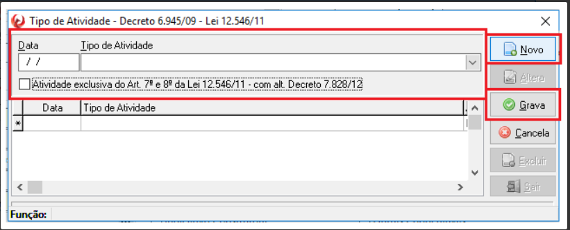 Push de tipo de atividade (desoneração) com campos para preenchimento da data e tipo de atividade.