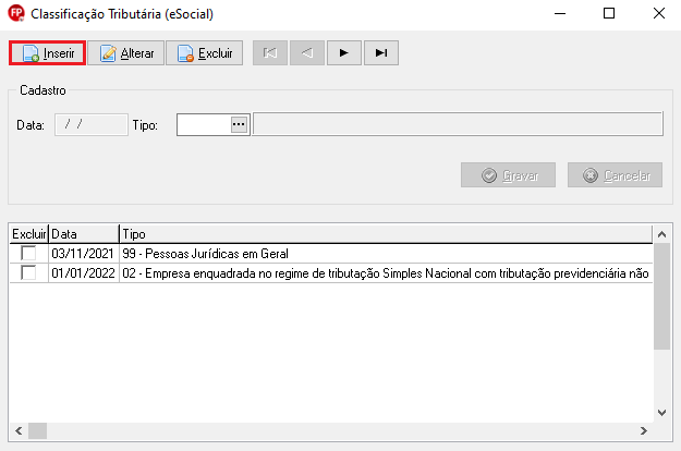 Tela de Classificação tributária (eSocial).