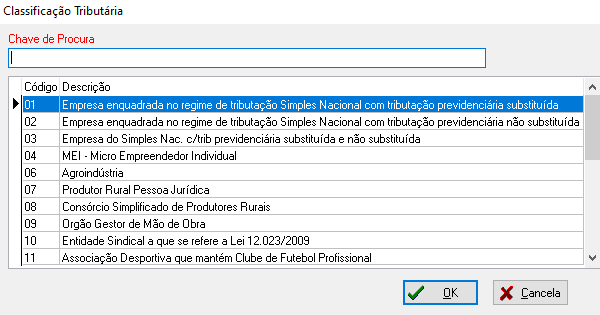 Tela de Classificação tributária exibindo os tipos de classificações.