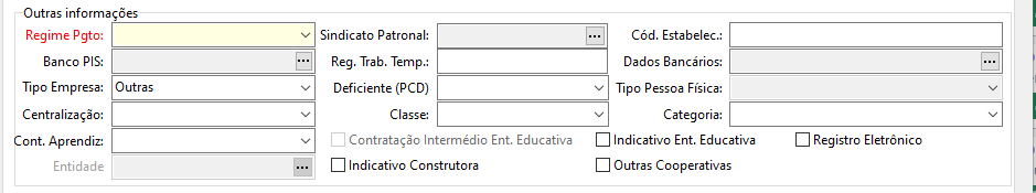 Aba Folha da tela de cadastro de empresas no sistema Folha. Exibe o identificador Outras informações e possui campos para preenchimento do Regime de pagamento, Banco, Sindicato, Categoria, etc.