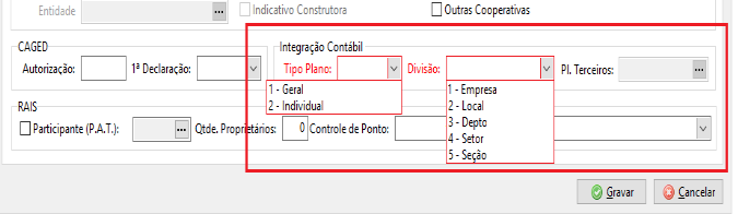 Aba Folha da tela de cadastro de empresas no sistema Folha. Exibe os identificadores CAGED, RAIS e Integração contábil. Possui campos para preenchimento do Tipo de plano, Divisão, Pl. terceiros, etc.