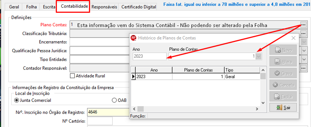 Aba Contabilidade da tela de cadastro de empresas no sistema Folha. Possui campos para preenchimento dos dados de Definições e Registro da constituição da empresa. Há um push de histórico de plano de contas em sobreposição.