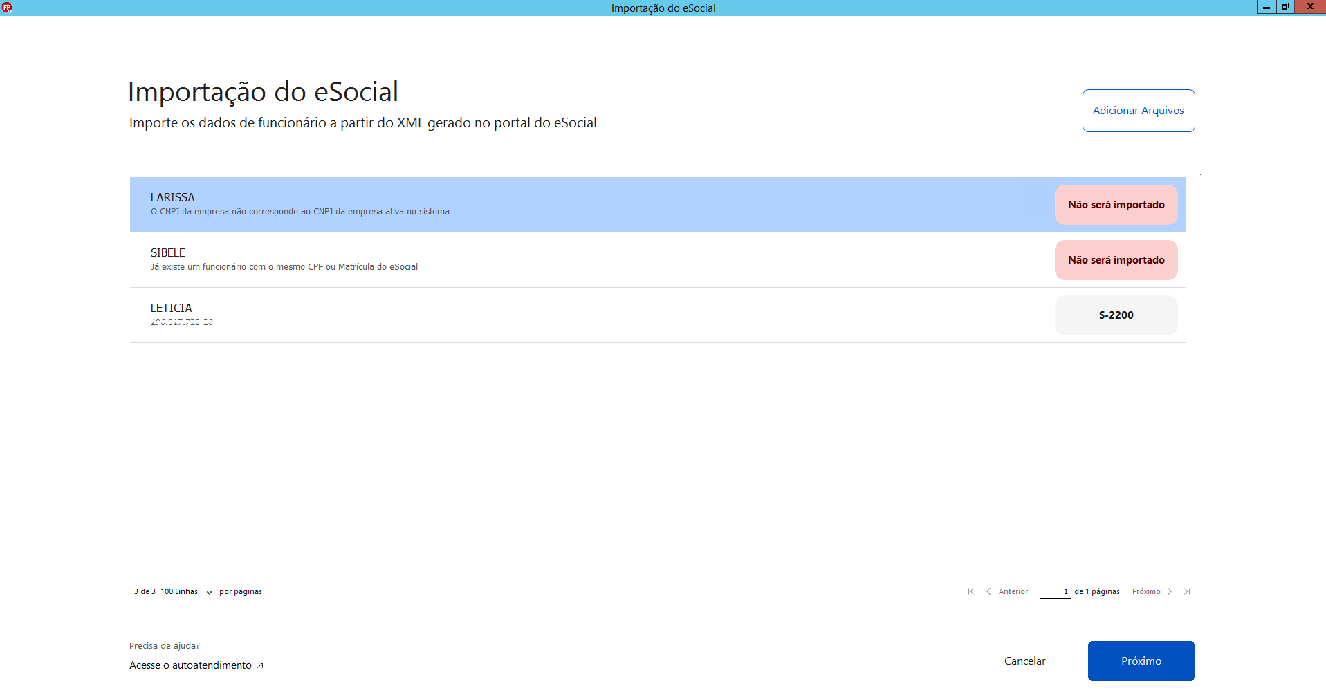 Tela de importação do eSocial exibindo os funcionários para disponíveis para importar.