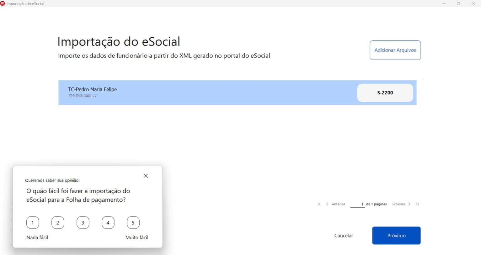 Pesquisa de satisfação exibida após a importação de funcionários.