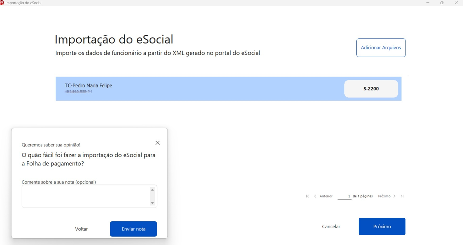 Pesquisa de satisfação exibida após a importação de funcionários.