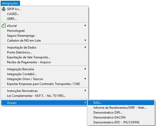 Menu 'Integrações' do sistema, com a opção 'Anuais' selecionada, abrindo um submenu onde se destaca a opção 'RAIS'.