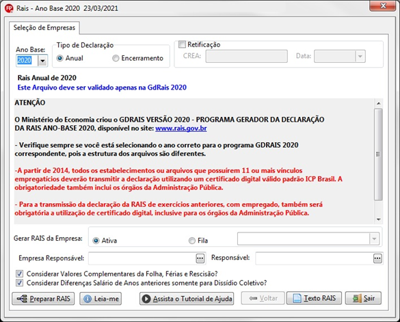 Janela de configuração da RAIS Ano-Base 2020, exibindo avisos sobre certificação digital e opções para selecionar empresas ativas.