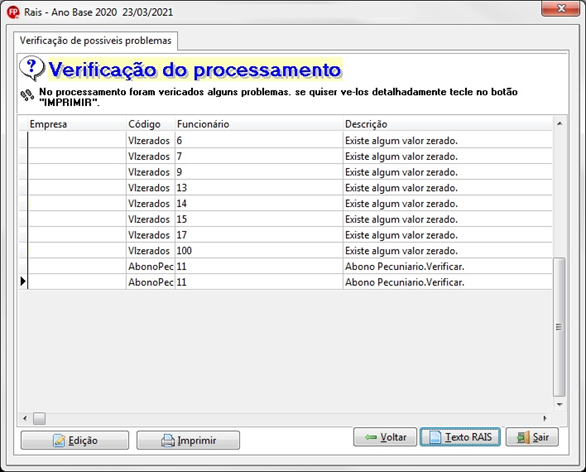 Tela "Verificação do processamento" listando possíveis problemas encontrados, como valores zerados ou inconsistências em abonos pecuniários.