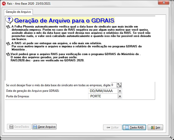 Mesma tela de geração de arquivo, destacando as opções de "Gerar Dados" e "Gerar Arquivo" para finalizar a exportação do documento.