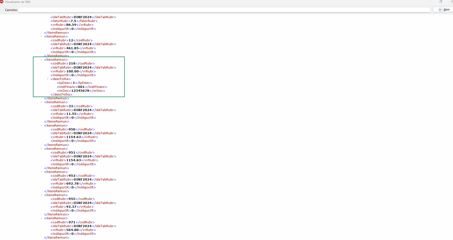 Arquivo (.xml) no visualizador do sistema Folha.