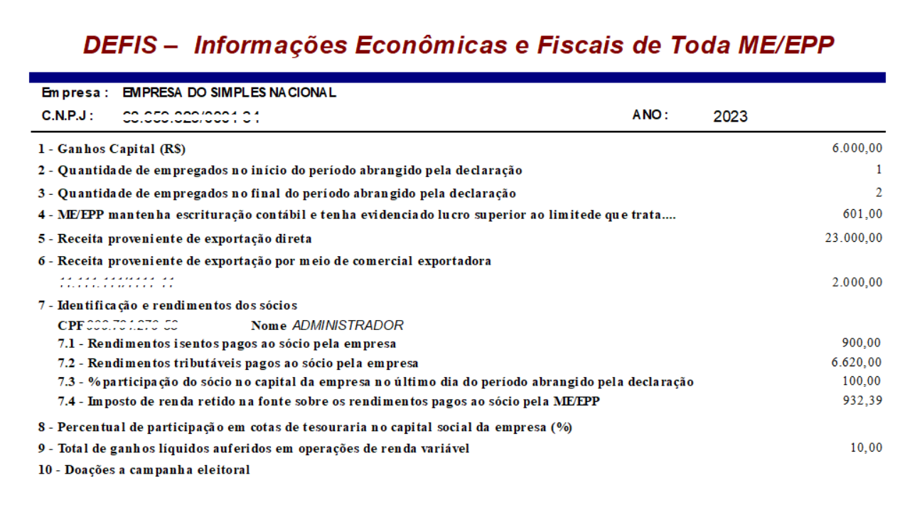 Relatório da DEFIS sobre Informações Econômicas e Fiscais de toda ME/EPP.