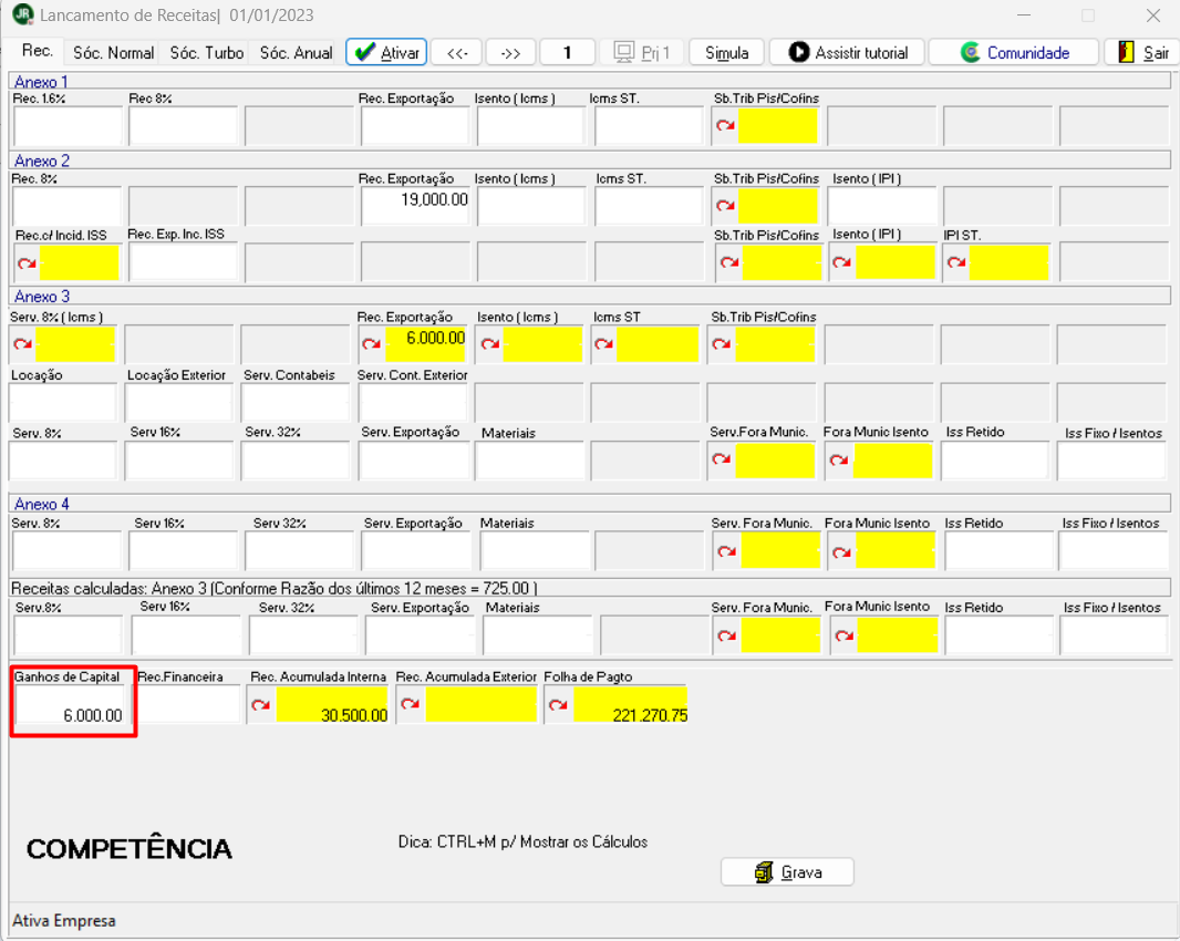 Tela de escrituração das receitas/sócios do sistema JR. Exibe a aba Rec. e destaca o campo Ganhos de capital.
