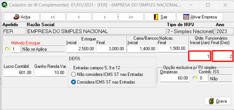 Tela de escrituração do complemento da declaração PJ simples do sistema JR. Destaca os campos de quantidade de funcionários inicial e final.