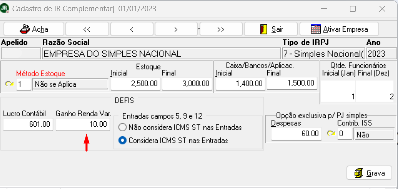 Tela de cadastro de IR complementar do sistema JR destacando o campo Ganho renda var.