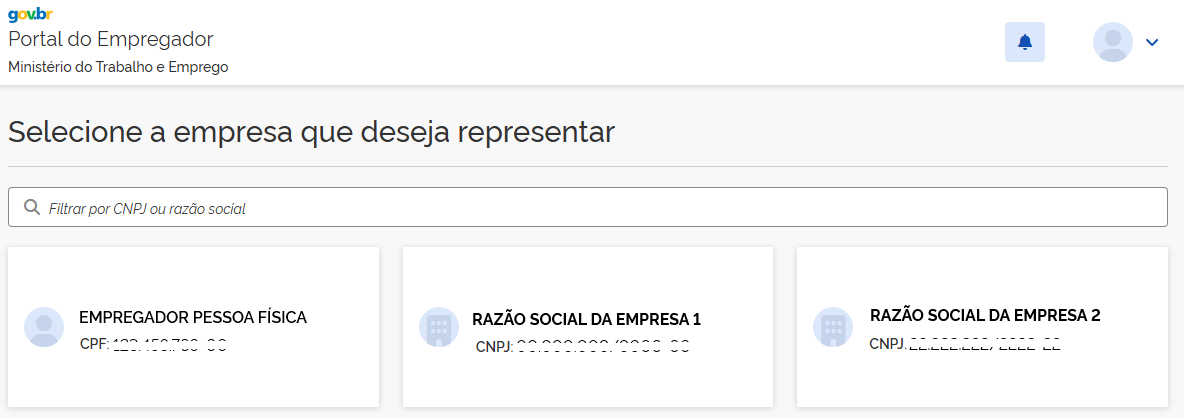 Tela de seleção da empresa no Portal Emprega Brasil. Exibe as opções de representação da empresa ou autenticação como empregador pessoa física.