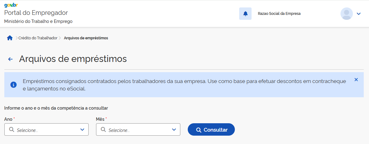 Tela de arquivos de empréstimos com campos Ano e Mês e o botão Consultar.