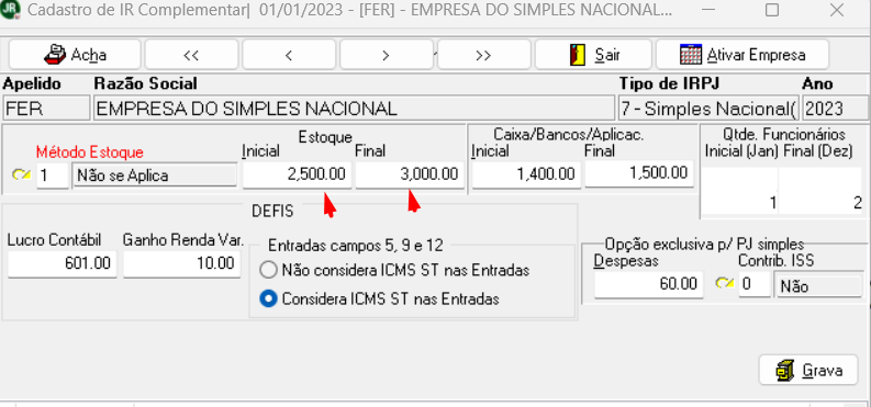 Tela de cadastro de IR complementar do sistema JR. Destaca os campos de Estoque Inicial e Final.