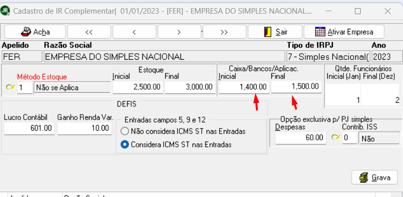 Tela de cadastro de IR complementar do sistema JR. Destaca os campos de Caixa/Bancos/Aplicações Inicial e Final.