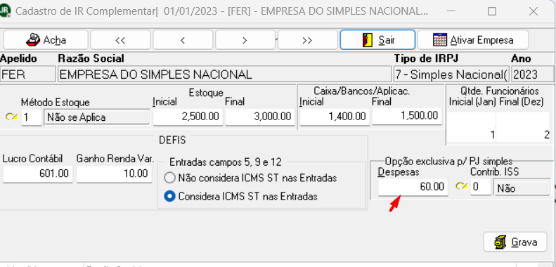 Tela de cadastro de IR complementar do sistema JR. Destaca o campo de Despesa da Opção exclusiva para PJ simples.