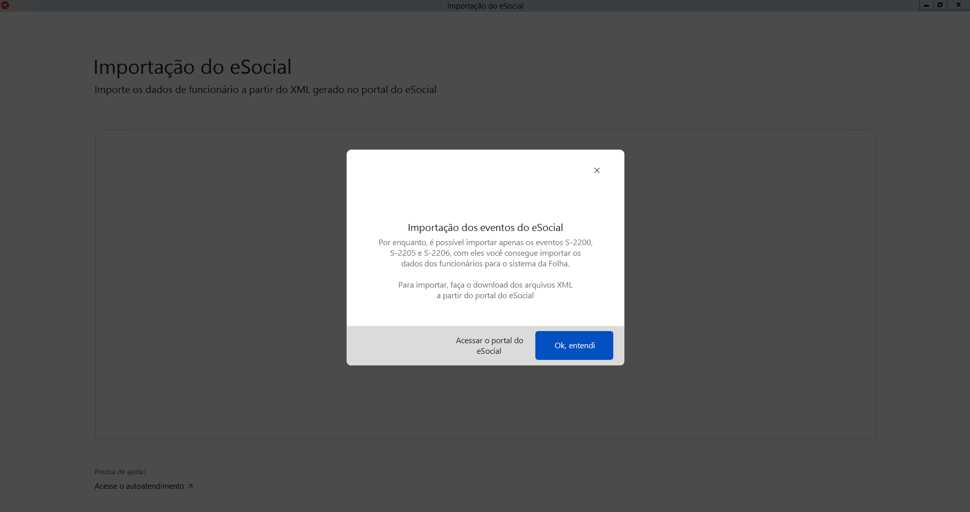 Tela de importação dos eventos do eSocial exibindo um aviso sobre quais eventos são possíveis importar.
