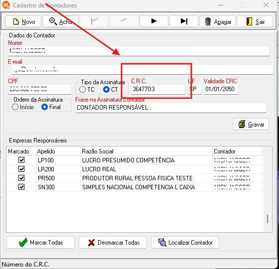 Tela de cadastro de contadores do sistema G5 destacando o campo CRC.