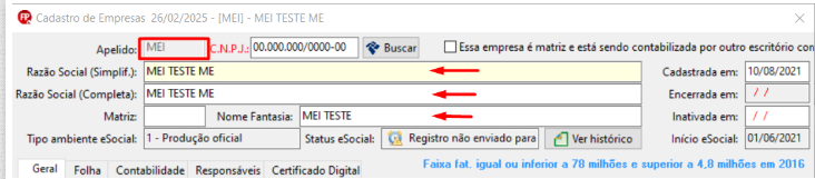 Cadastro de empresas no sistema Folha. Exibe campos para preenchimento de Apelido, Razão social, Matriz, Nome fantasia, Data de cadastro, etc.