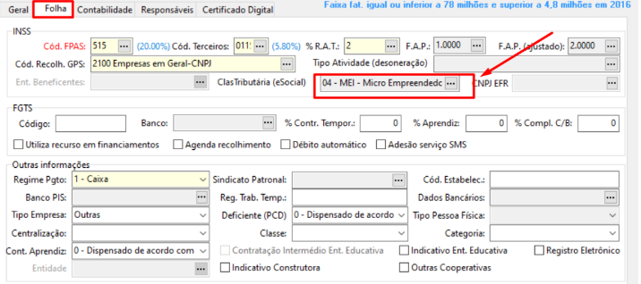 Aba Folha da tela de cadastro de empresas no sistema Folha. Possui campos para preenchimento dos dados de INSS, FGTS, informações de pagamento, etc.
