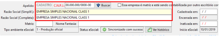 Cadastro de empresas no sistema Folha. Exibe campos para preenchimento de Apelido, Razão social, Matriz, Nome fantasia, Data de cadastro, etc.