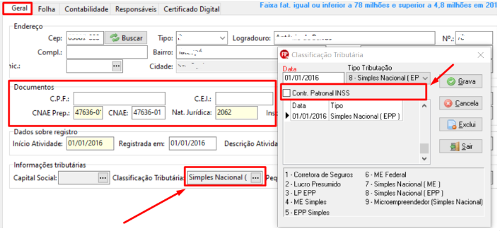 Aba Geral da tela de cadastro de empresas no sistema Folha. Exibe campo para preenchimento da Classificação tributária, data e tipo de tributação.