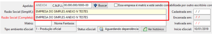 Cadastro de empresas no sistema Folha. Exibe campos para preenchimento de Apelido, Razão social, Matriz, Nome fantasia, Data de cadastro, etc.