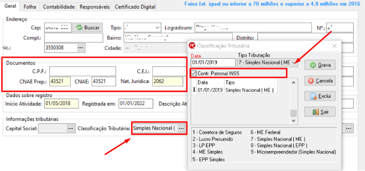 Aba Geral da tela de cadastro de empresas no sistema Folha. Exibe campo para preenchimento da Classificação tributária, data e tipo de tributação.